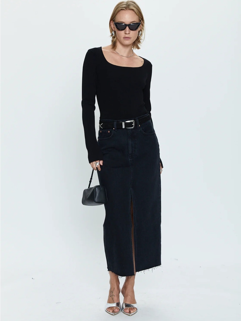 Pistola Alice Denim Midi Slit 
Fray Raw Hem Skirt Cotton Contemporary 28